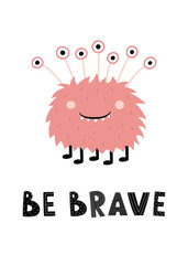 Cute fluffy monster with eyes and teeth. Children's pre-made card with a funny character. Vector illustration for greeting card, invitation, children's room design, T-shirt print