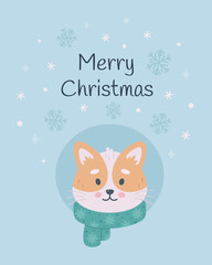 Merry Christmas greeting card. Cute cat character with scarf. Christmas animals, winter time. Vector illustration