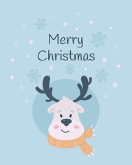 Merry Christmas greeting card. Cute reindeer character with scarf. Christmas animals, winter time. Vector illustration