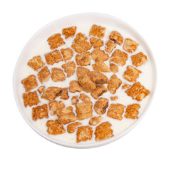 Crispy pads chocolate pillows with milk in dish isolated on the white background