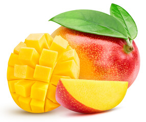 Mango and leaves, isolated on white background