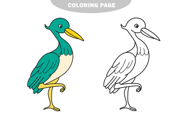 Simple coloring page. Cute funny cartoon style coloring bird illustration. Stork, heron. Color and black and white version