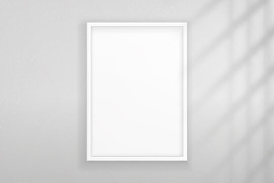 Mockup white frame photo on wall. Mock up picture framed. Horizontal boarder with shadow. Empty photoframe isolated on transparent background. Design border prints poster and painting image. Vector