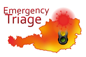 Rote Landkarte mit leuchtend roter Ampel und Text Emergency Triage.