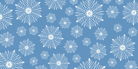 Christmas card with snowflake ice crystal, blue background and white decoration. Winter cute decoration background
