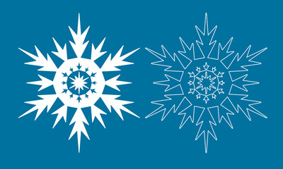 Snowflake symbol of Christmas and winter, white ice crystal snowflake on blue background