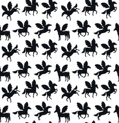 Vector seamless pattern of flat pegasus unicorn silhouette isolated on white background
