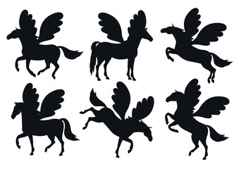 Vector set of flat pegasus unicorn silhouette isolated on white background