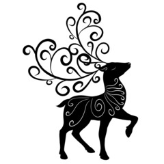 graceful deer with ornate large horns and white pattern on a black silhouette
