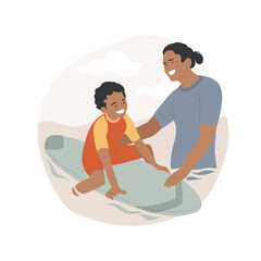 Skimboarding isolated cartoon vector illustration. Father skimboarding with kids, summer beach activity, family leisure time, child riding a skimboard, running towards the sea cartoon vector.