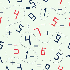 Numbers and mathematics operations seamless pattern, arithmetic background, vector illustration