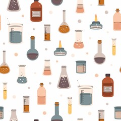 Seamless trendy pattern of laboratory equipment. Endless print with flask, test tube, chemical glassware. Design for wrapping paper, textile, background, vector illustration.