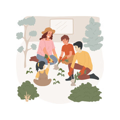 Obraz na płótnie Canvas Remove weeds isolated cartoon vector illustration. Parents with kids remove weeds, backyard seasonal work, wearing gloves, children helping in the garden, pulling out grass cartoon vector.