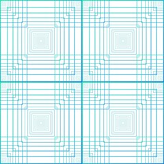 Abstract green and blue stacked square frame spirograph shapes seamless technology pattern on the white background. Vector illustration. Wrapping paper.