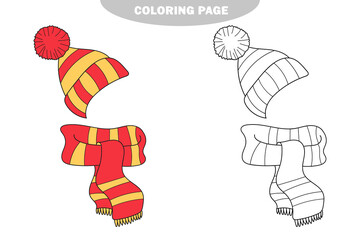 Simple coloring page. Education game for kids. Warm winter scarf and hat. Color and black and white version
