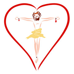 crucified Lord Jesus in the background of the heart, God's all-embracing love - obrazy, fototapety, plakaty