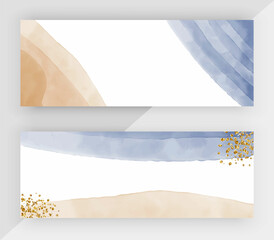 Web banners with blue and brown watercolor shapes, golden glitter texture
