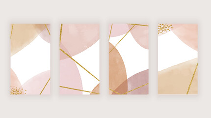 Social media stories banners with brown watercolor shapes, gold glitter lines
