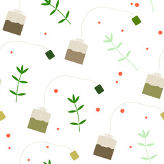 Trendy modern seamless pattern of tea bag with leaves.