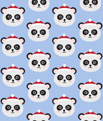Vector seamless pattern of flat hand drawn panda face in Christmas hat isolated on blue background