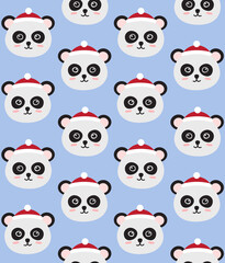 Vector seamless pattern of flat hand drawn panda face in Christmas hat isolated on blue background