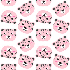 Vector seamless pattern of flat hand drawn pink leopard face isolated on white background