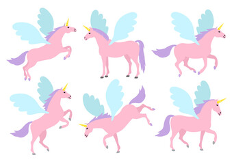 Vector set of flat pegasus unicorn isolated on white background
