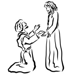 Fototapeta na wymiar man kneels before the Lord Jesus, Thomas, another apostle or healed