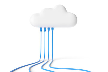Fototapeta na wymiar Cartoon cloud with connected network cables isolated in white background. Internet concept. 3d illustration.