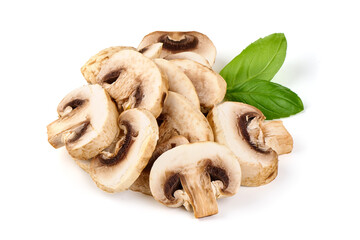 Sliced champignons, isolated on white background.