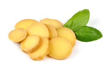 Boiled potato slices, isolated on white background.