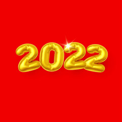 Gold Foil Christmas Balloons in Form of Numbers 2022. Holiday Party Decoration, or Postcard Concept Isolated on Red Background
