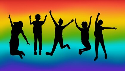 Silhouette of children jumping. Happy kids vector illustration. Rainbow background