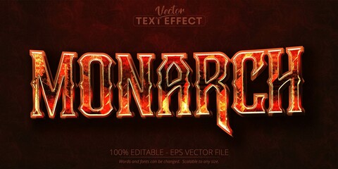 Monarch text, fire orange color editable text effect on dark grunge textured background © DesignVectX