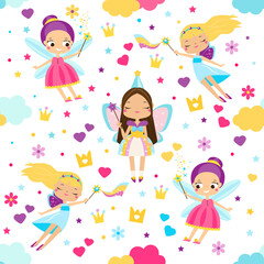 Seamless pattern with beautiful flying fairy princess. Vector background with elf girls for party invitations, gift wrapping, scrapbook papers and other design