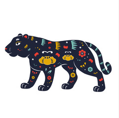 Tiger Chinese zodiac decorated with flowers and ornaments. Vector animal mascot for 2022 chinese new year celebration. Wild tiger for tattoo and prints