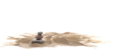 Pile desert sand dune and spa rock isolated on white background, clipping path