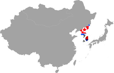 Map of Korean peninsula countries with national flag inside the gray map of East region of Asia
