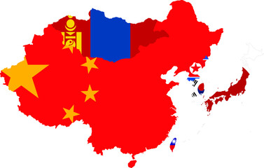 Map of countries of East region of Asia with national flag