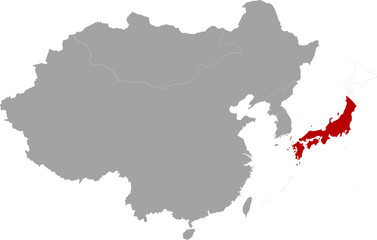 Map of Japan with national flag inside the gray map of East region of Asia