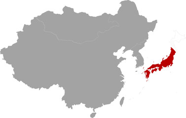 Obraz premium Map of Japan with national flag inside the gray map of East region of Asia