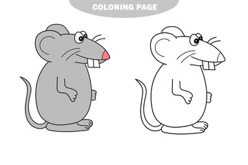 Simple coloring page. A cute gray rat is sitting - linear vector illustration for coloring. Color and black and white version