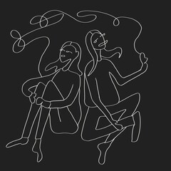 Abstract drawing of girls on a dark background. Single line drawing