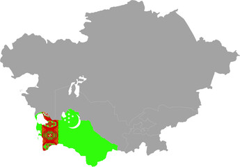 Map of Turkmenistan with national flag inside the gray map of Central region of Asia