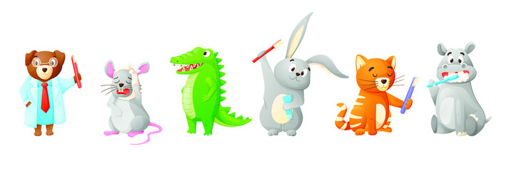 Set of vector cartoon animals with toothbrushes, toothpaste and dental braces. Dental treatment concept, dentis and toothache.