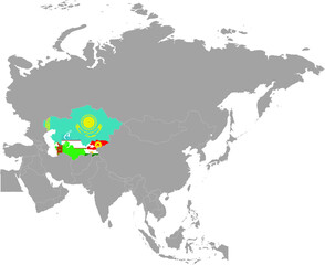 Map of countries of Central region of Asia with national flag inside gray map of Asia