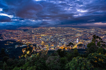 Bogota city Center at night from Monserrate hill, Colombia.