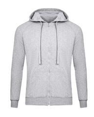 Grey hoodie template with zip. Hoodie sweatshirt long sleeve with zipper, for design mockup for print. Hoody isolated on white background - 470941998