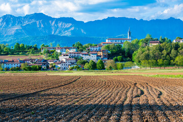 Hills and fields of Friuli in Spring. Cassacco