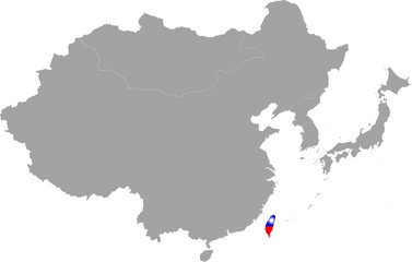 Map of Taiwan with national flag inside the gray map of East region of Asia